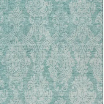 9' X 12' Aqua And Ivory Damask Washable Indoor Outdoor Area Rug
