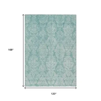 10' X 14' Aqua And Ivory Damask Washable Indoor Outdoor Area Rug