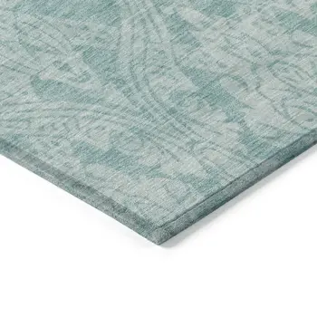 10' X 14' Aqua And Ivory Damask Washable Indoor Outdoor Area Rug
