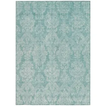 10' X 14' Aqua And Ivory Damask Washable Indoor Outdoor Area Rug