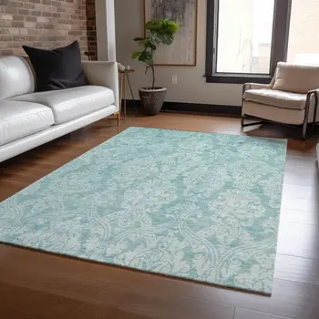 10' X 14' Aqua And Ivory Damask Washable Indoor Outdoor Area Rug