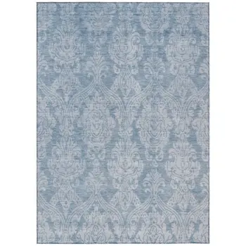 3' X 5' Blue And Ivory Damask Washable Indoor Outdoor Area Rug