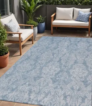 5' X 8' Blue And Ivory Damask Washable Indoor Outdoor Area Rug