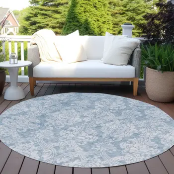 8' Blue And Ivory Round Damask Washable Indoor Outdoor Area Rug