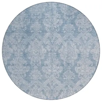 8' Blue And Ivory Round Damask Washable Indoor Outdoor Area Rug
