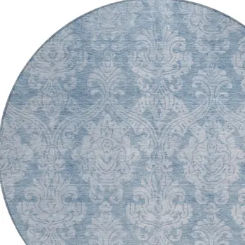 8' Blue And Ivory Round Damask Washable Indoor Outdoor Area Rug