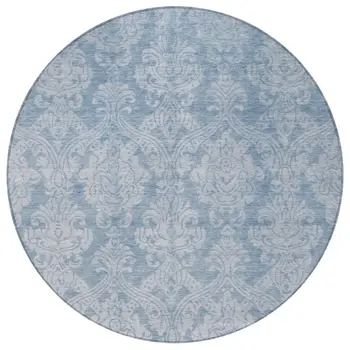 8' Blue And Ivory Round Damask Washable Indoor Outdoor Area Rug