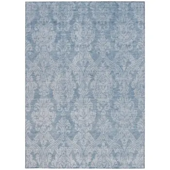 8' X 10' Blue And Ivory Damask Washable Indoor Outdoor Area Rug