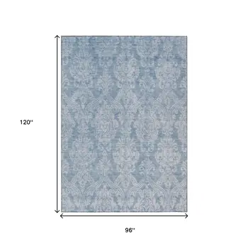 8' X 10' Blue And Ivory Damask Washable Indoor Outdoor Area Rug