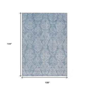 9' X 12' Blue And Ivory Damask Washable Indoor Outdoor Area Rug