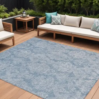 9' X 12' Blue And Ivory Damask Washable Indoor Outdoor Area Rug