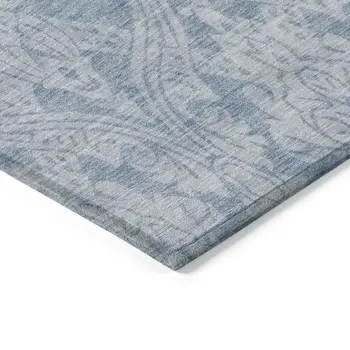 9' X 12' Blue And Ivory Damask Washable Indoor Outdoor Area Rug
