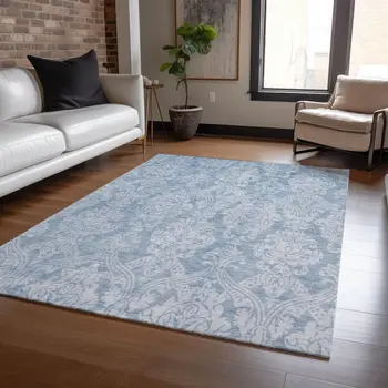 9' X 12' Blue And Ivory Damask Washable Indoor Outdoor Area Rug