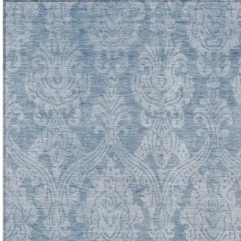 10' X 14' Blue And Ivory Damask Washable Indoor Outdoor Area Rug
