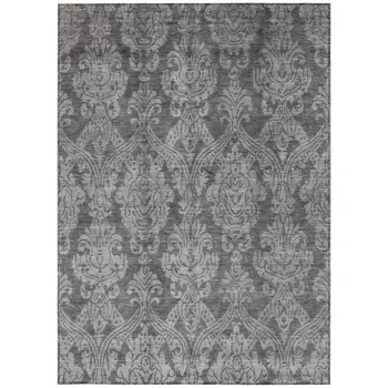 3' X 5' Gray And Pewter Damask Washable Indoor Outdoor Area Rug