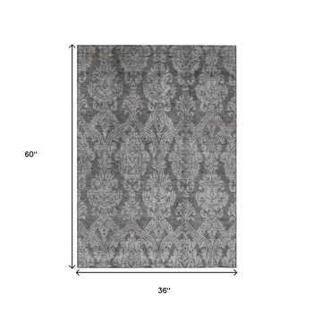 3' X 5' Gray And Pewter Damask Washable Indoor Outdoor Area Rug
