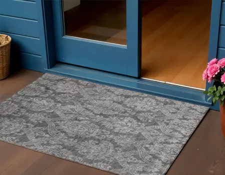 3' X 5' Gray And Pewter Damask Washable Indoor Outdoor Area Rug