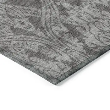 3' X 5' Gray And Pewter Damask Washable Indoor Outdoor Area Rug