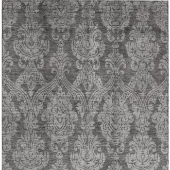 3' X 5' Gray And Pewter Damask Washable Indoor Outdoor Area Rug