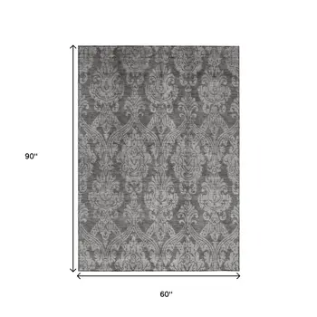 5' X 8' Gray And Pewter Damask Washable Indoor Outdoor Area Rug