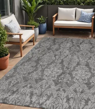 5' X 8' Gray And Pewter Damask Washable Indoor Outdoor Area Rug