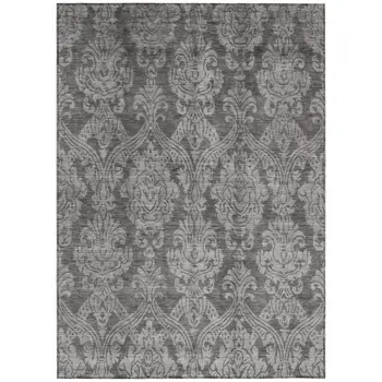 5' X 8' Gray And Pewter Damask Washable Indoor Outdoor Area Rug