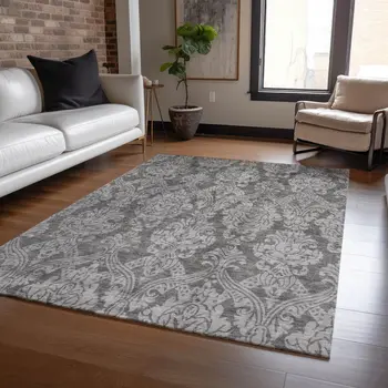 5' X 8' Gray And Pewter Damask Washable Indoor Outdoor Area Rug