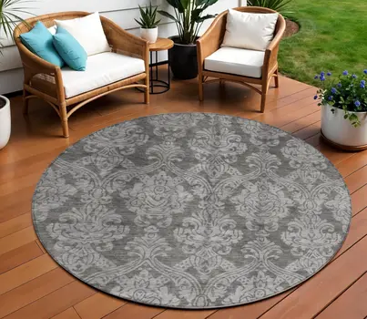 8' Gray And Pewter Round Damask Washable Indoor Outdoor Area Rug