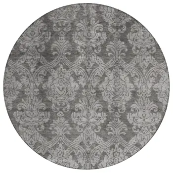 8' Gray And Pewter Round Damask Washable Indoor Outdoor Area Rug