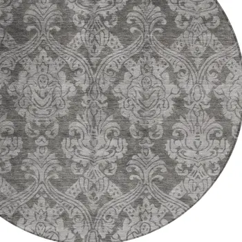 8' Gray And Pewter Round Damask Washable Indoor Outdoor Area Rug