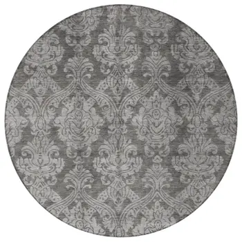8' Gray And Pewter Round Damask Washable Indoor Outdoor Area Rug
