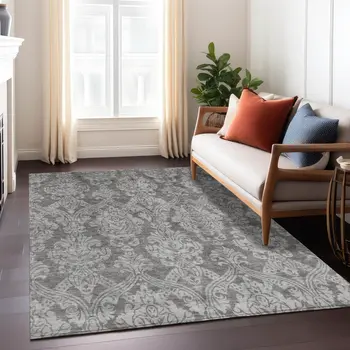 9' X 12' Gray And Pewter Damask Washable Indoor Outdoor Area Rug