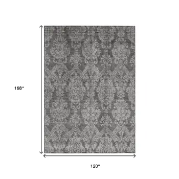 10' X 14' Gray And Pewter Damask Washable Indoor Outdoor Area Rug