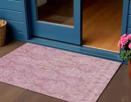 3' X 5' Pink And Ivory Damask Washable Indoor Outdoor Area Rug
