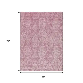 5' X 8' Pink And Ivory Damask Washable Indoor Outdoor Area Rug