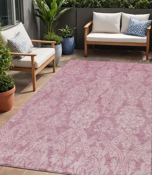 5' X 8' Pink And Ivory Damask Washable Indoor Outdoor Area Rug