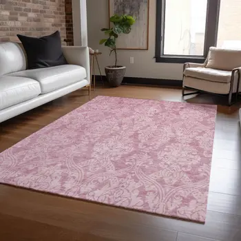 5' X 8' Pink And Ivory Damask Washable Indoor Outdoor Area Rug