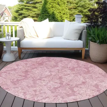 8' Pink And Ivory Round Damask Washable Indoor Outdoor Area Rug