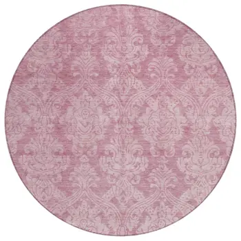 8' Pink And Ivory Round Damask Washable Indoor Outdoor Area Rug