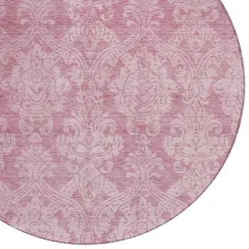 8' Pink And Ivory Round Damask Washable Indoor Outdoor Area Rug