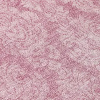 8' Pink And Ivory Round Damask Washable Indoor Outdoor Area Rug