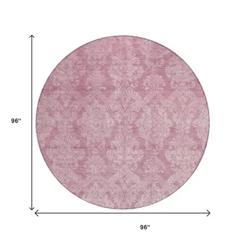 8' Pink And Ivory Round Damask Washable Indoor Outdoor Area Rug