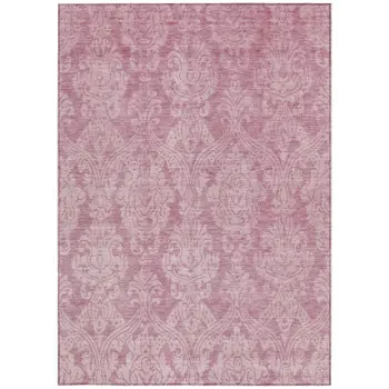 8' X 10' Pink And Ivory Damask Washable Indoor Outdoor Area Rug
