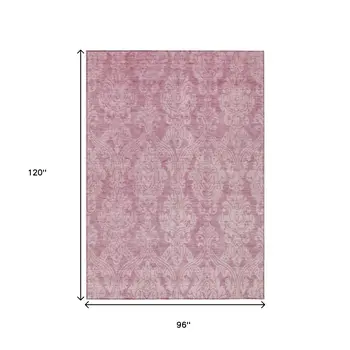 8' X 10' Pink And Ivory Damask Washable Indoor Outdoor Area Rug