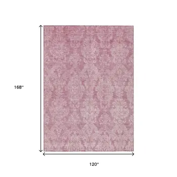 10' X 14' Pink And Ivory Damask Washable Indoor Outdoor Area Rug