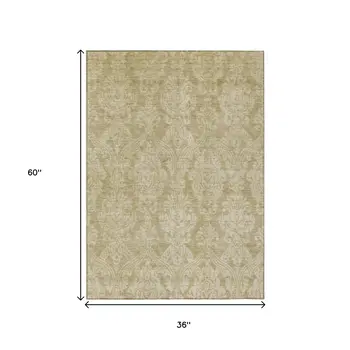 3' X 5' Tan And Beige Damask Washable Indoor Outdoor Area Rug