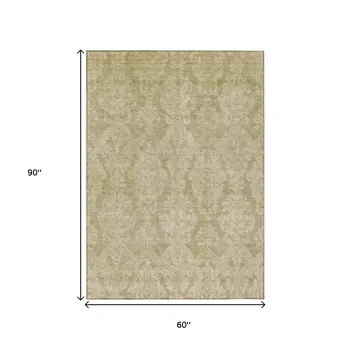 5' X 8' Tan And Beige Damask Washable Indoor Outdoor Area Rug
