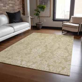 5' X 8' Tan And Beige Damask Washable Indoor Outdoor Area Rug
