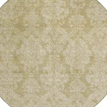8' Tan And Beige Round Damask Washable Indoor Outdoor Area Rug