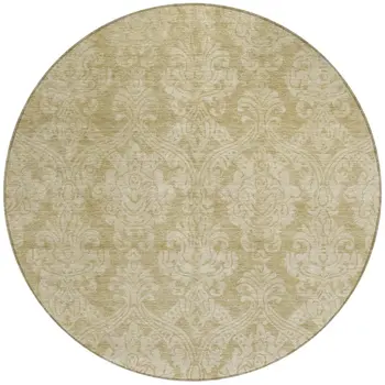 8' Tan And Beige Round Damask Washable Indoor Outdoor Area Rug